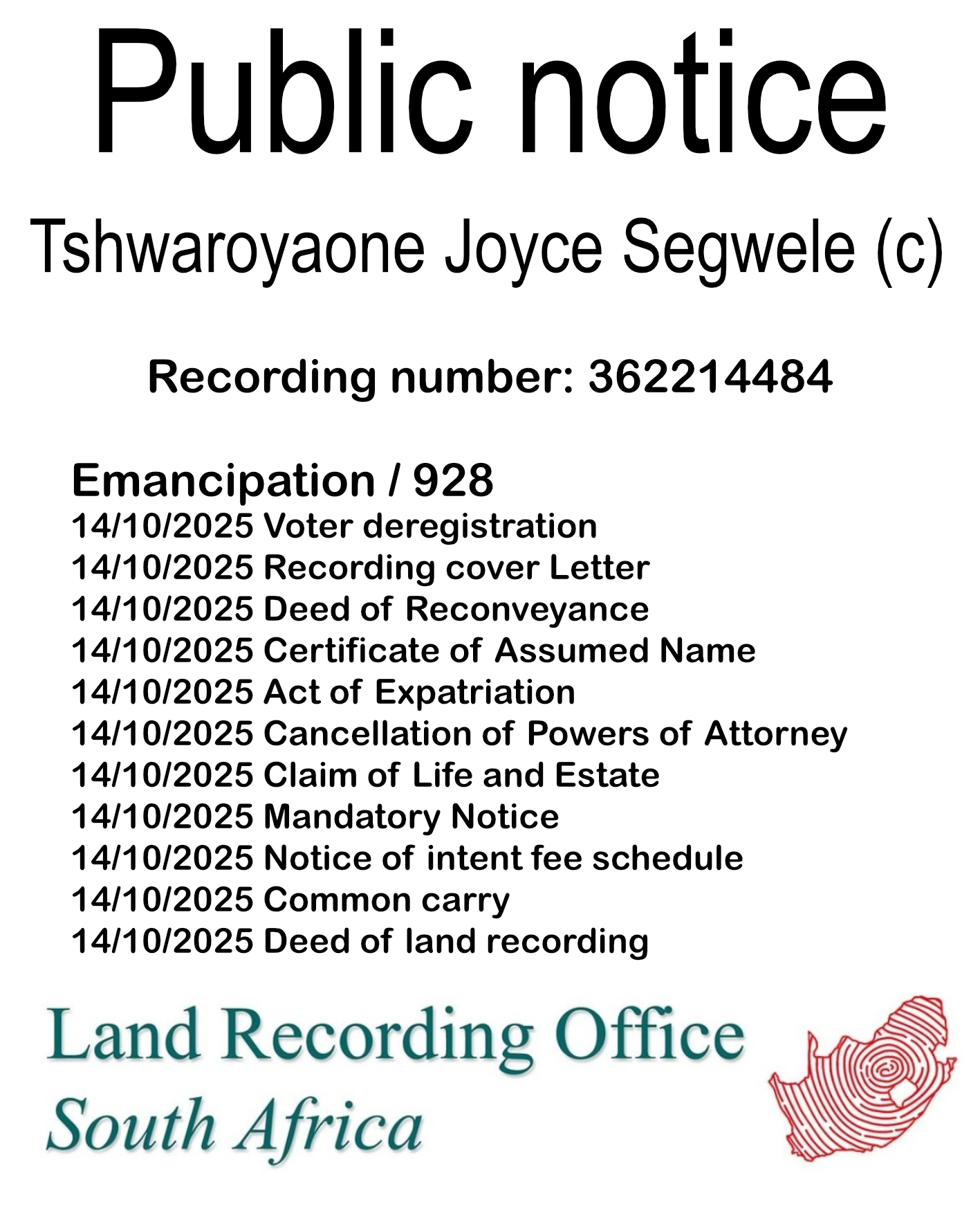 Public notice Maggie Mongakeng (c) Recording number 362214484